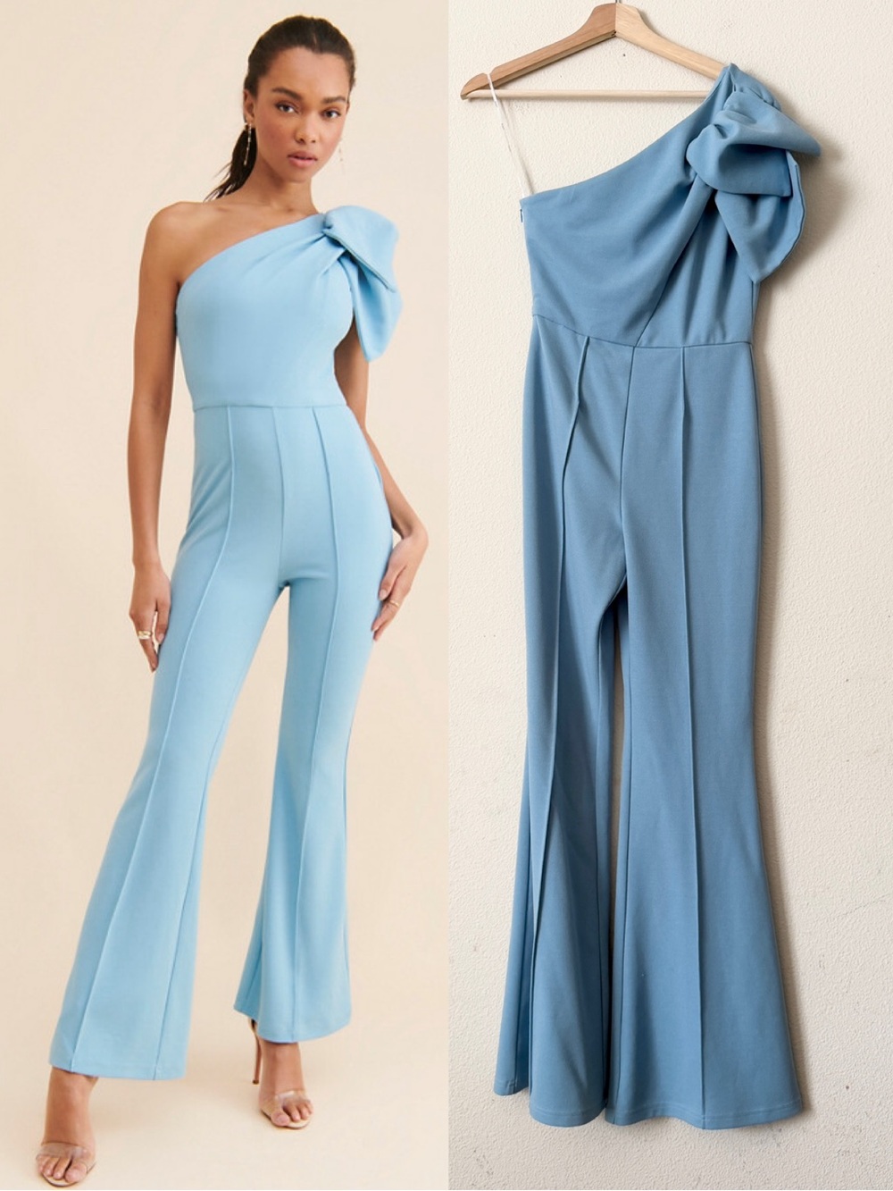 Elliatt SMALL Zienna one shoulder flared leg jumpsuit in blue
